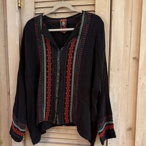 Johnny Was Black Tunic with Red, Olive, White, and Blue Embroidery Size L